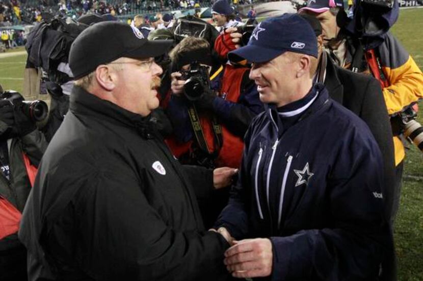 Philadelphia Eagles coach Andy Reid greets Dallas Cowboys coach Jason Garrett after their...