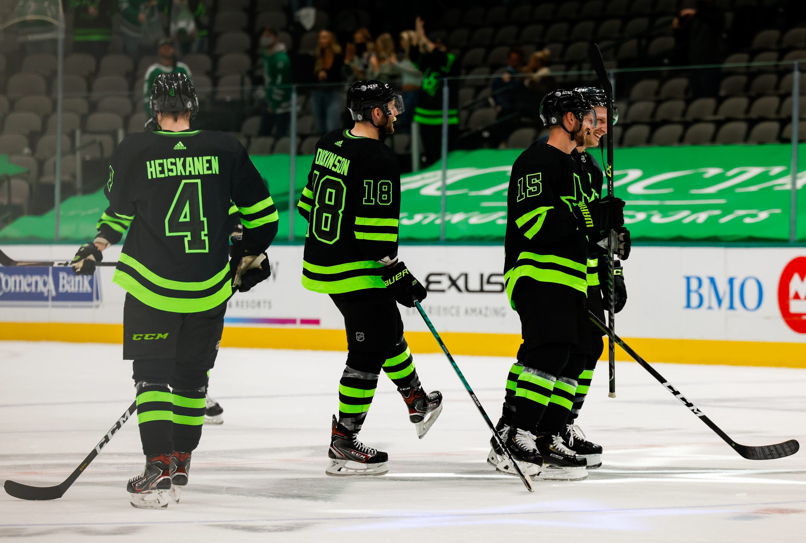 The Dallas Stars skate onto the ice after defeating the Columbus Blue Jackets at American...