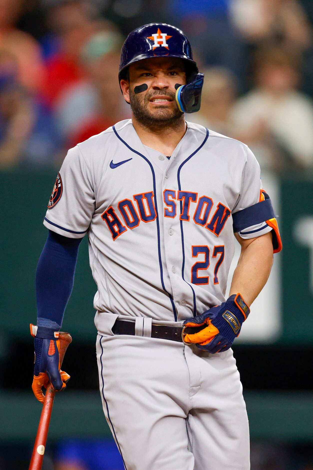 Houston Astros second baseman Jose Altuve (27) reacts after a pitch during the fifth inning...