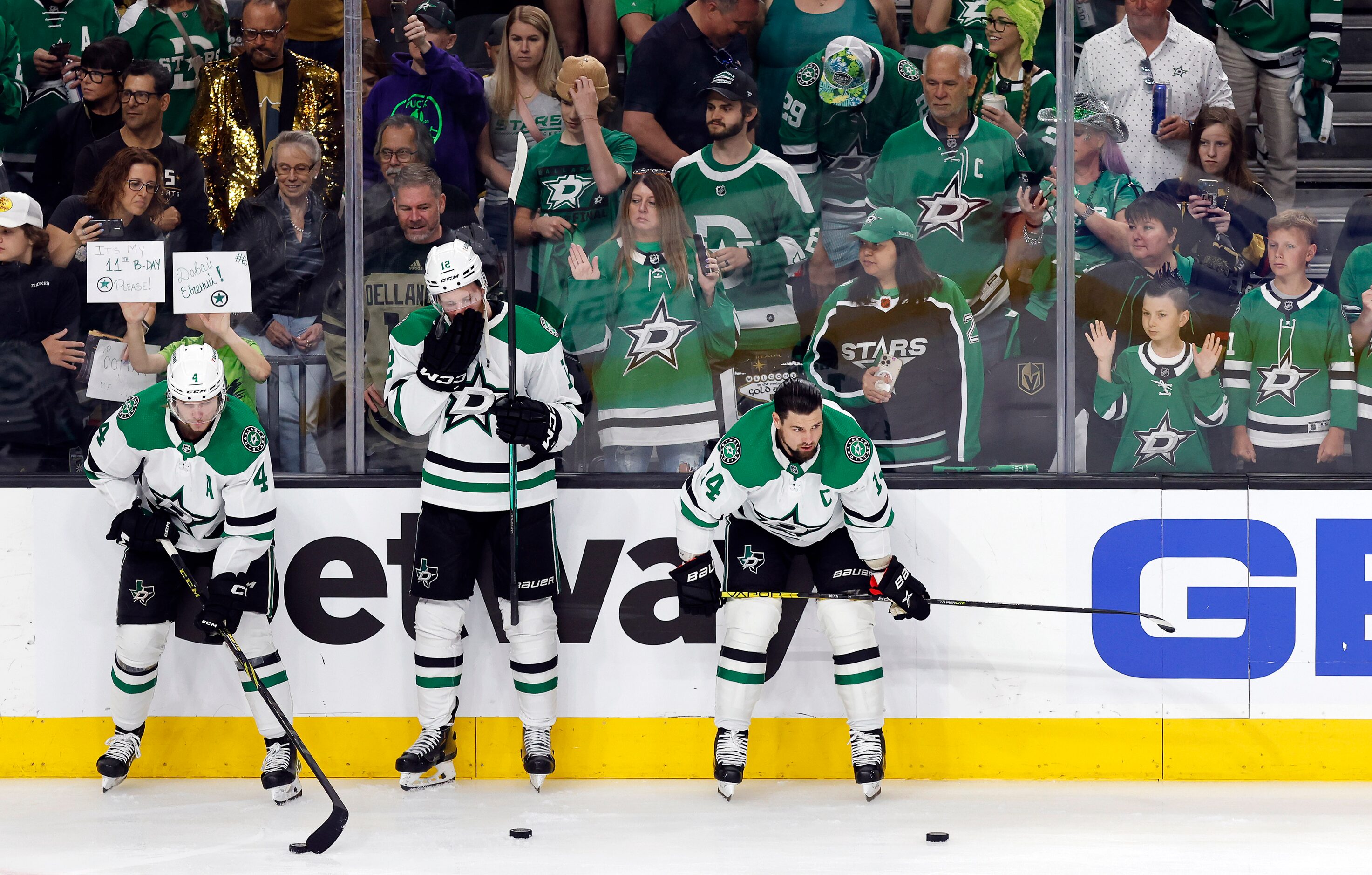 Dallas Stars fans watch the team during warmups before Game 2 warmups of the Stanley Cup...