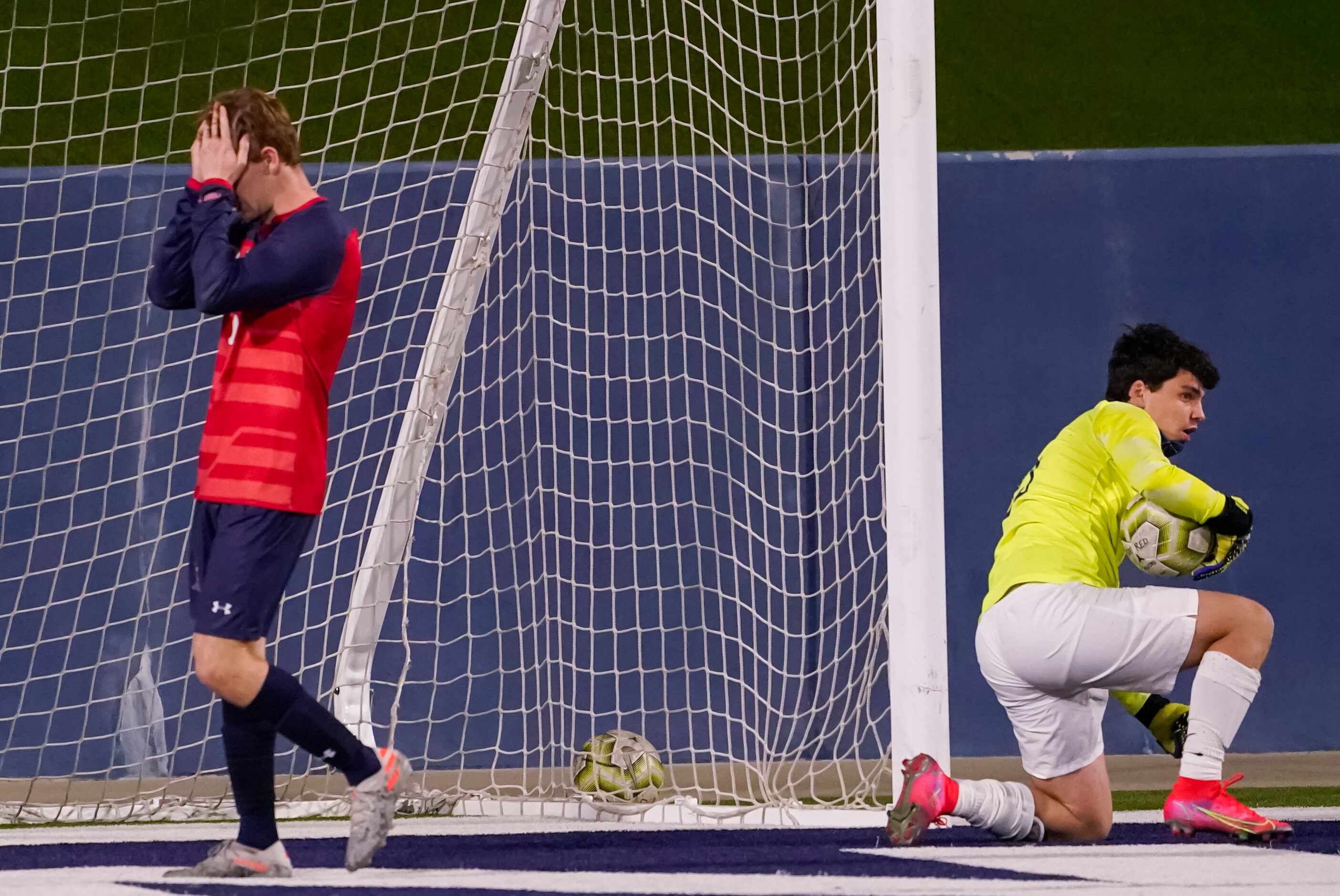 McKinney Boyd midfielder Casey Erickson reacts after a save by Jesuit goalkeeper Cole Hines...