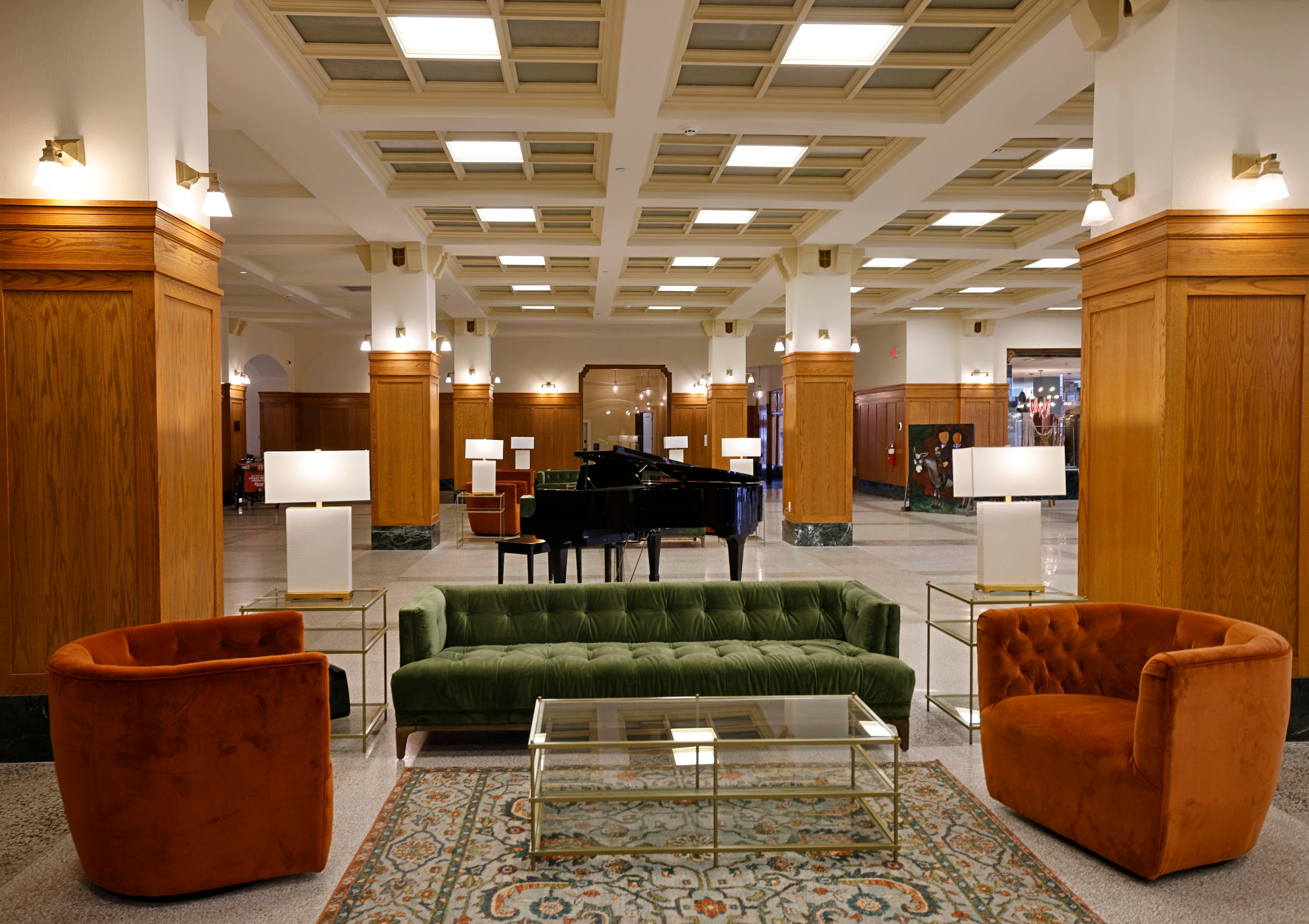 The Crazy Water Hotel’s lobby is spacious, with a grand piano.