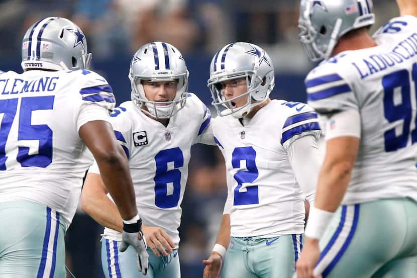 Dallas Cowboys kicker Brett Maher (2) is congratulated on his game winning field goal by...