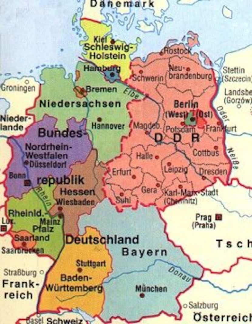This map shows the former borders of East Germany, the DDR, and West Germany, BRD. 