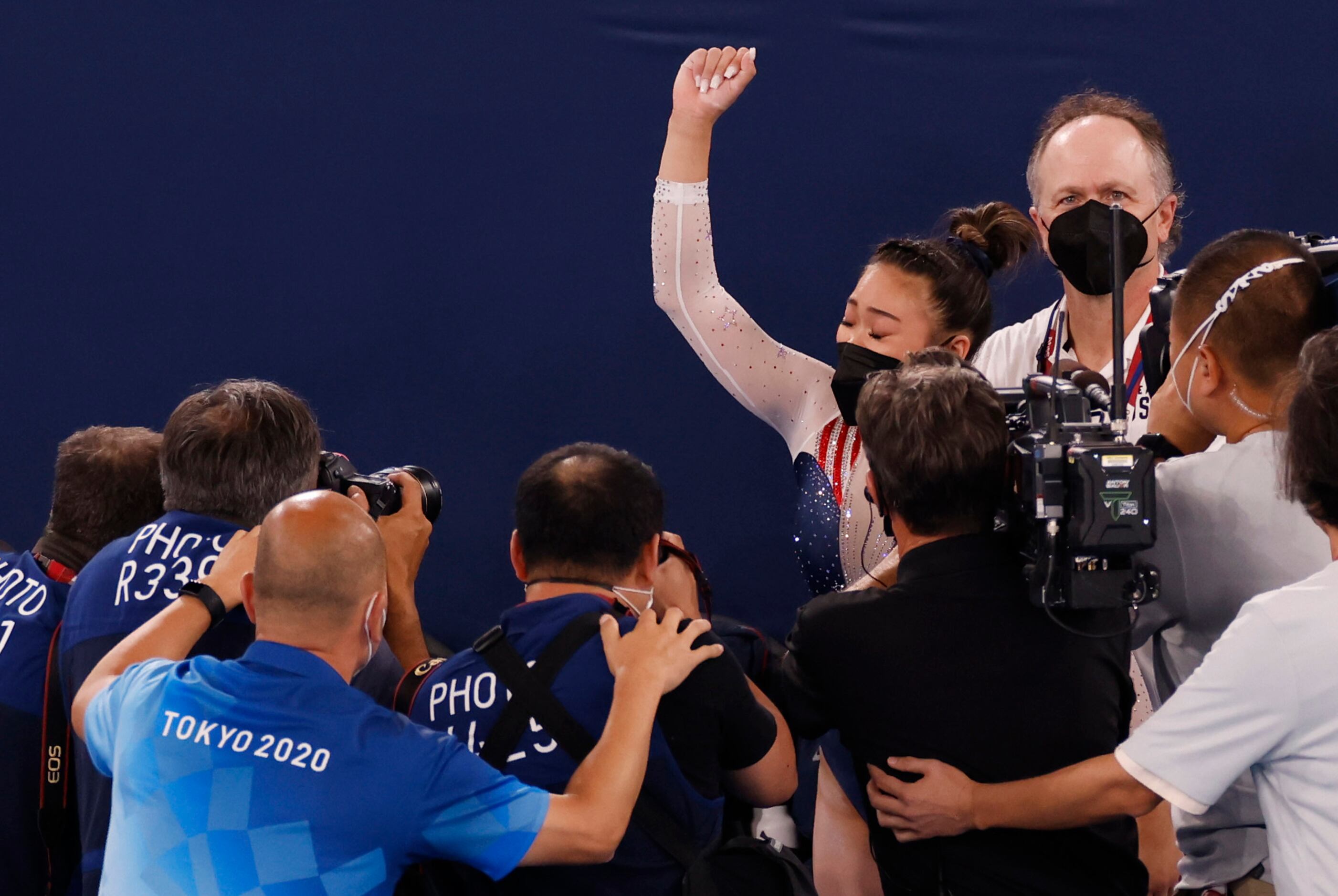 USA’s Sunisa Lee celebrates after winning gold in the women’s all-around final at the...