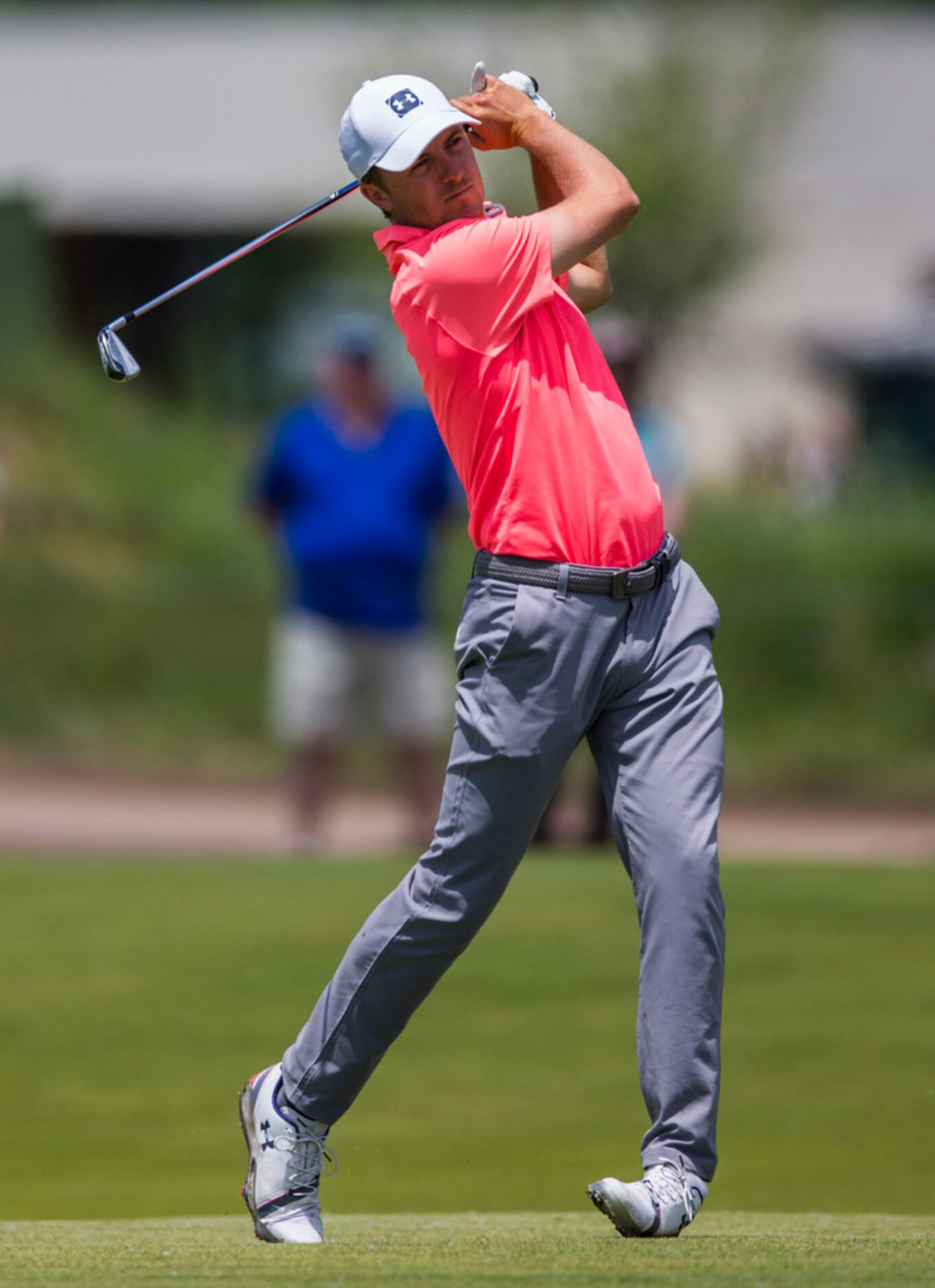 Jordan Spieth takes a shot on hole 1 during round 4 of the AT&T Byron Nelson golf tournament...