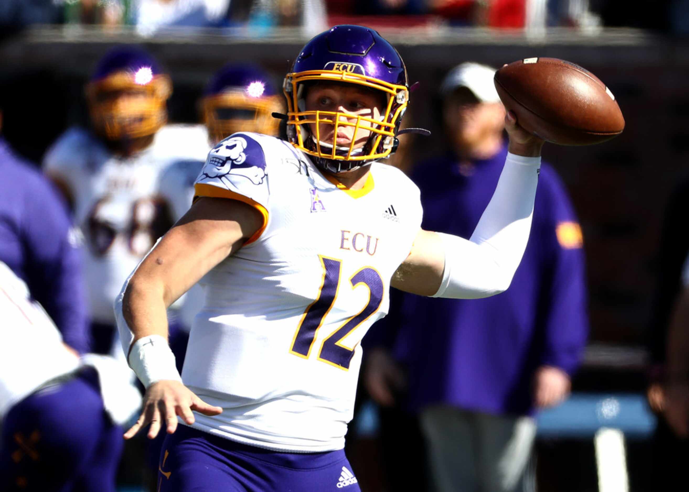 DALLAS, TEXAS - NOVEMBER 09:  Holton Ahlers #12 of the East Carolina Pirates throws against...