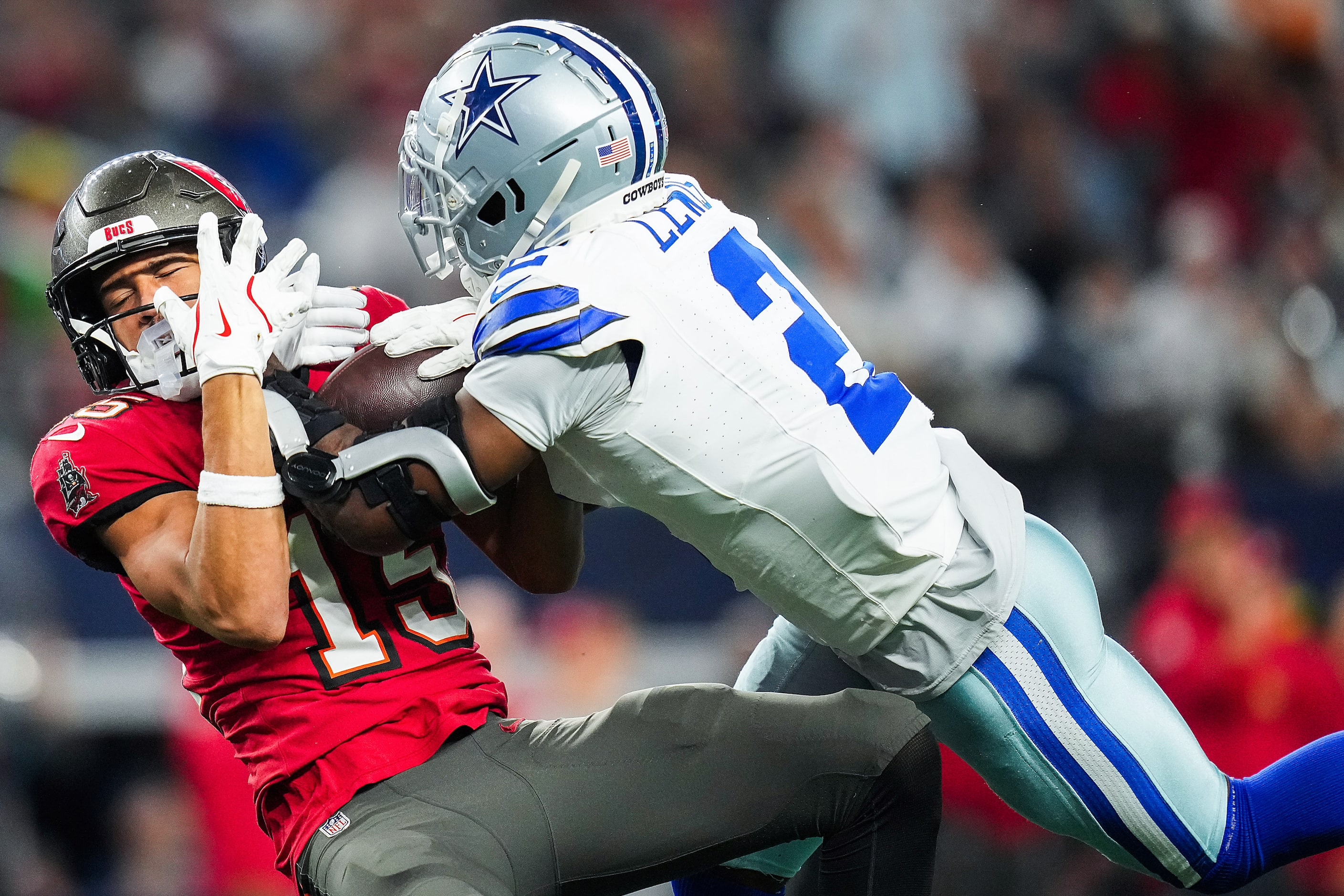 Dallas Cowboys cornerback Jourdan Lewis (2) intercepts a pass intended for Tampa Bay...