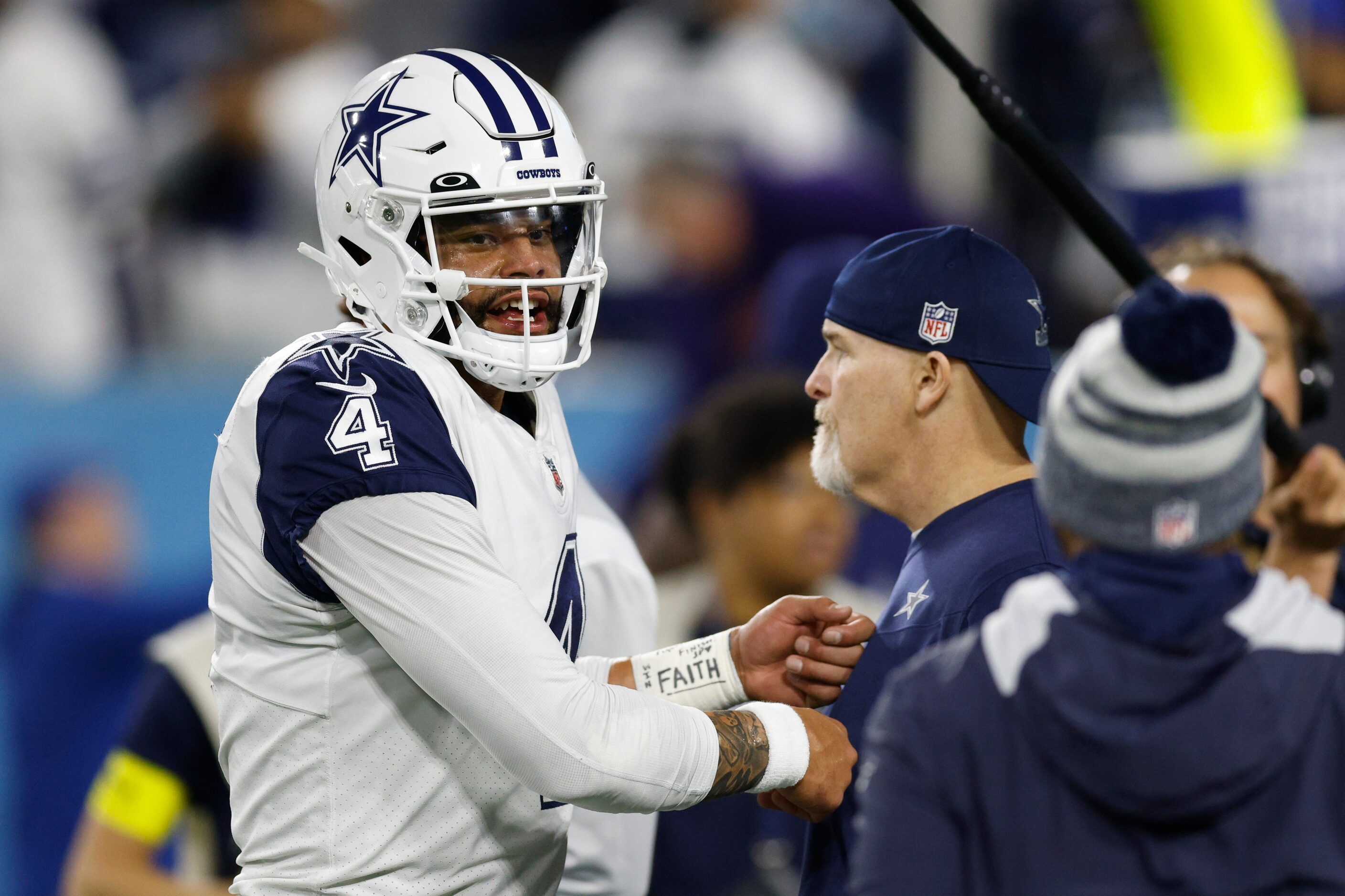 Dallas Cowboys quarterback Dak Prescott (4) warms up before an NFL game against the...