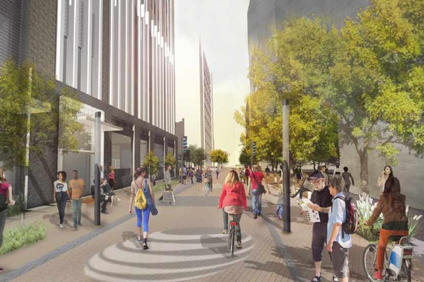 A conceptual rendering of a closed Jackson Street near AT&T's headquarters in downtown Dallas