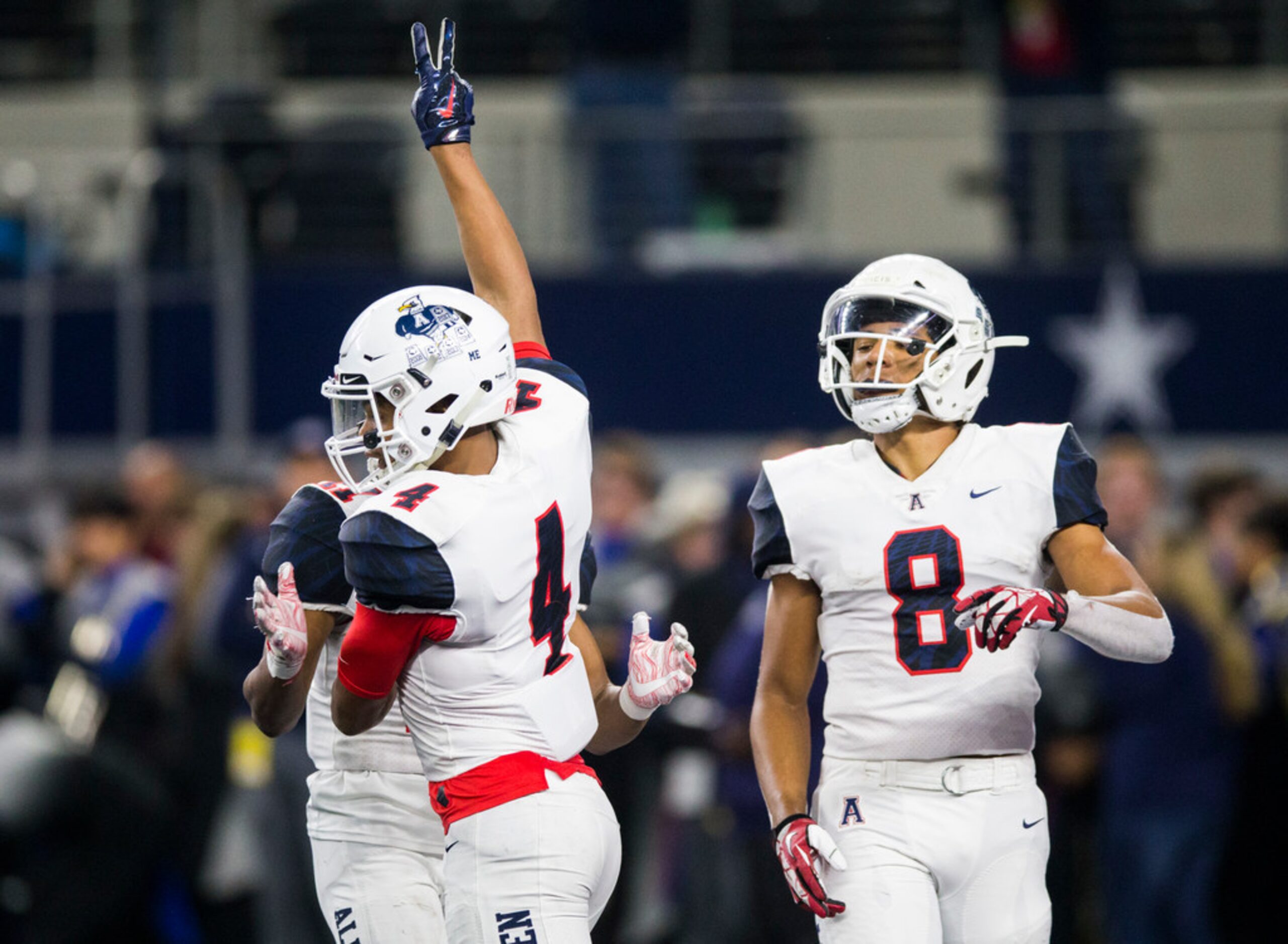 Allen wide reciever Darrion Sherfield (4) celebrates a touchdown during the second quarter...