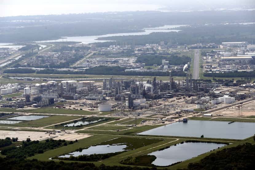 Petrochemical facilities are shown in this aerial view near the Houston Ship Channel Friday,...