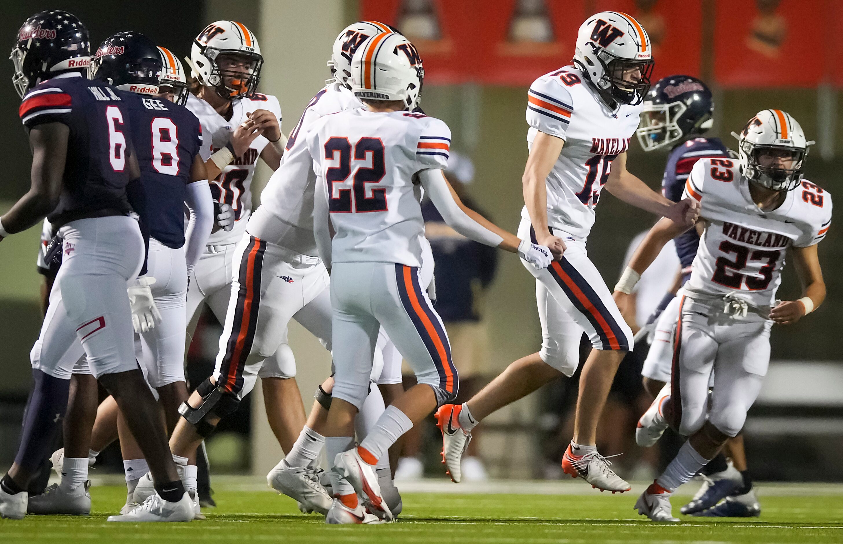 Frisco Wakeland strikes out Nolan Krinsky (19) celebrates after connecting on a 42-yrad...