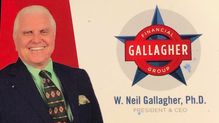 Gallagher's business card. His Gallagher Financial Group has been shut down by authorities....