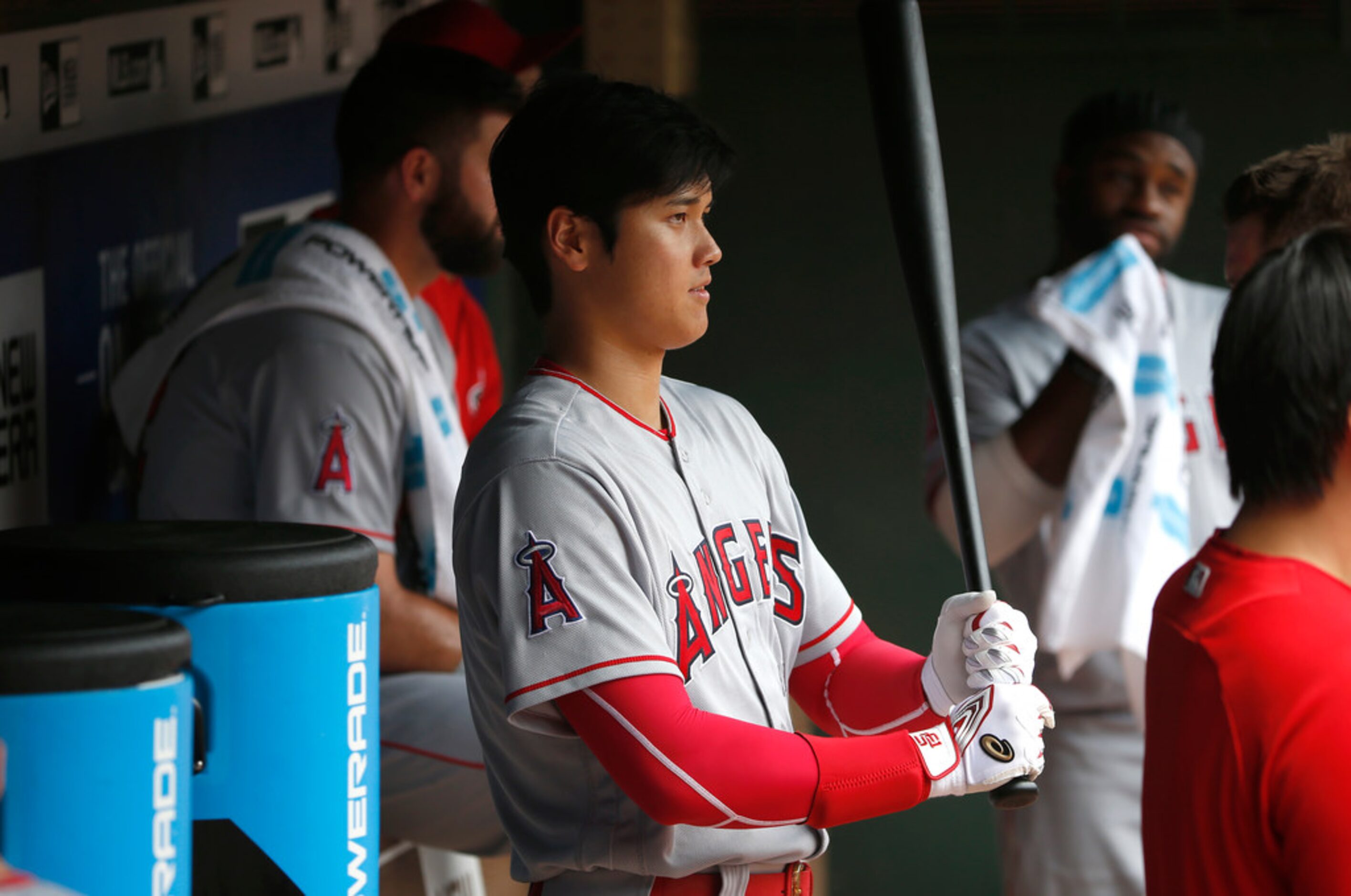 ARLINGTON, TX - AUGUST 19:  Shohei Ohtani #17 of the Los Angeles Angels of Anaheim waits in...