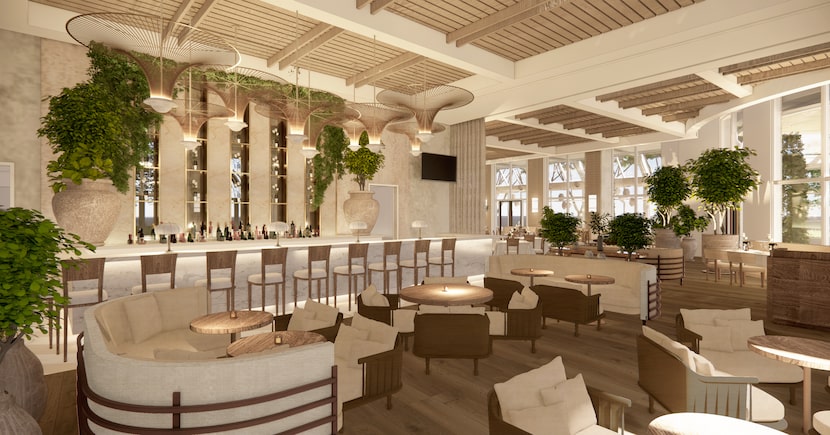 A rendering of Avra, a restaurant expected to open in Uptown Dallas in 2025, shows neutral...