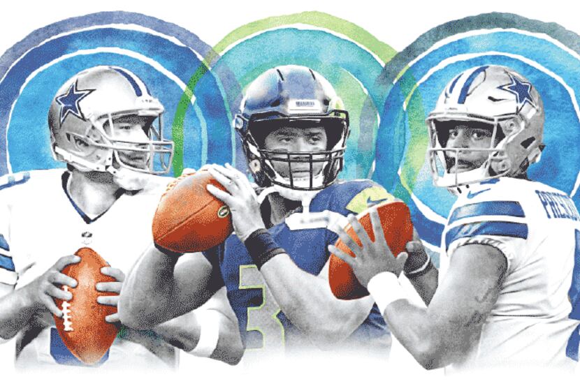 Illustration of former Cowboys quarterback Tony Romo (left), Seattle quarterback Russell...