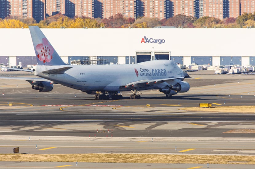 New York, NY, USA - November 3, 2013: Boeing 747 China Airlines Cargo lines up on the runway...