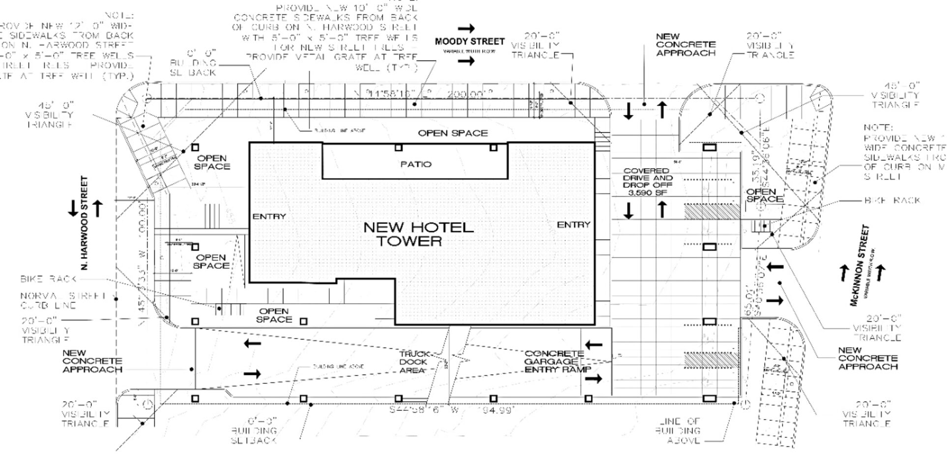 The high-rise hotel is planned at the corner of McKinnon and Moody streets near the Crescent.