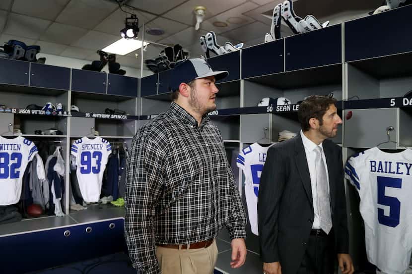 Dallas Cowboys first round pick Zack Martin tours the locker room with Cowboys Media...