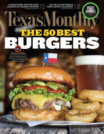 The L.U.S.T. Burger at the Bearded Lady in Fort Worth is featured on the August 2016 cover...