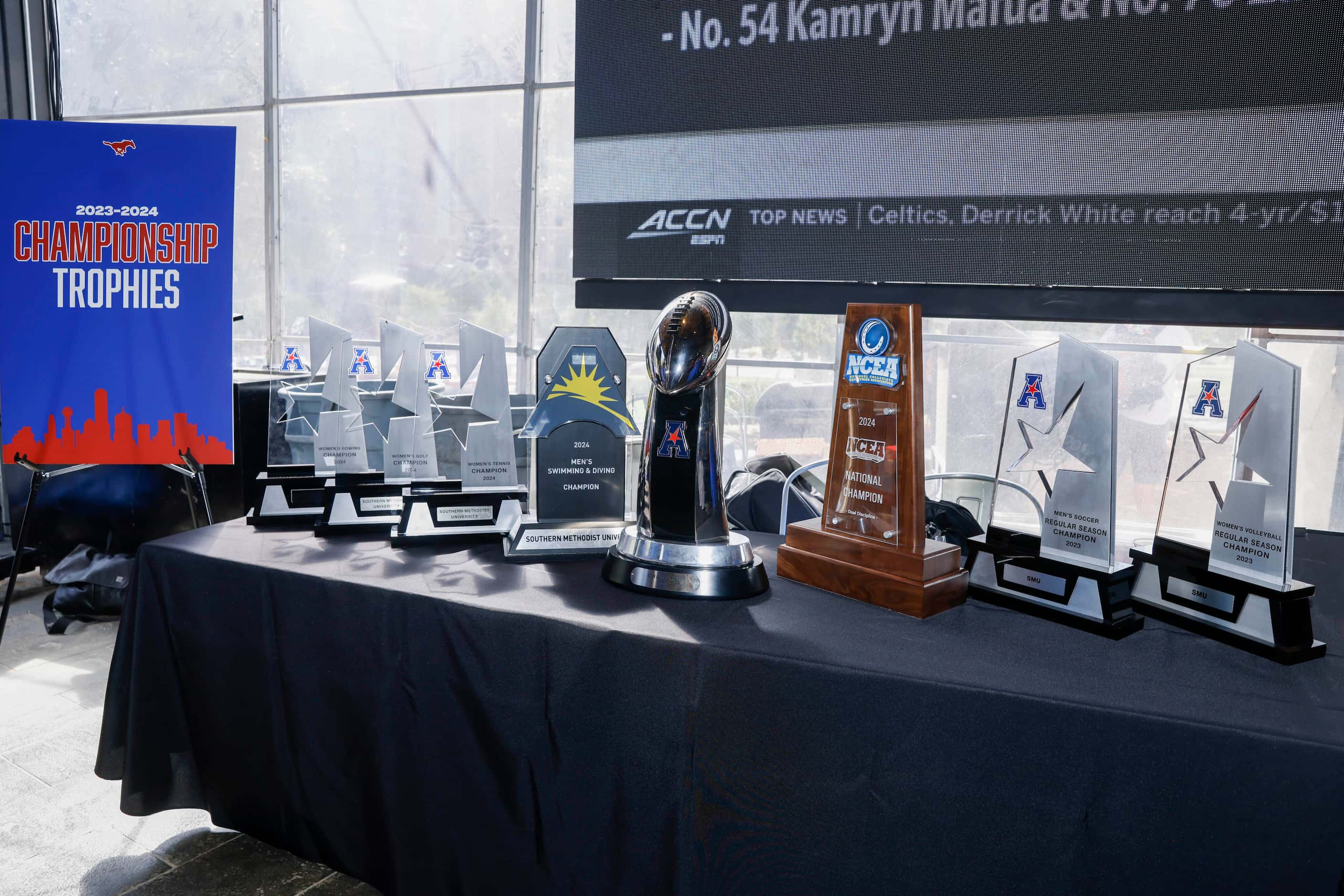A collection of ACC championship trophies are seen during a celebration of SMU’s first day...