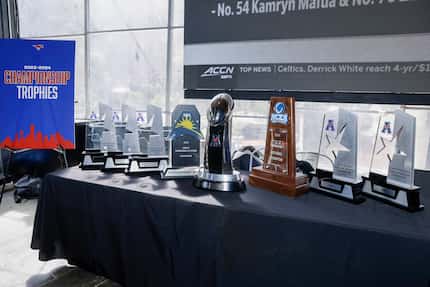 A collection of ACC championship trophies are seen during a celebration of SMU’s first day...