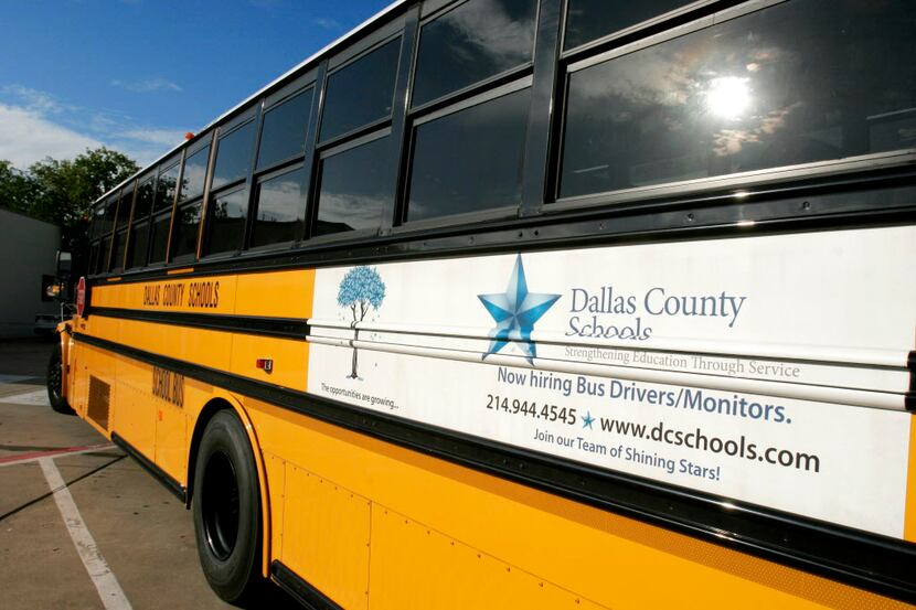 An example of an ad on the side of a Dallas County Schools bus in Richardson, Texas,...