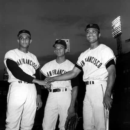 In this Sept. 10, 1963 file photo, San Francisco outfielders, from left, Jesus Alou, Matty...
