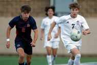 Flower Mound forward Landon Deleeuw (7), right, eyes the ball as he advances it past the...