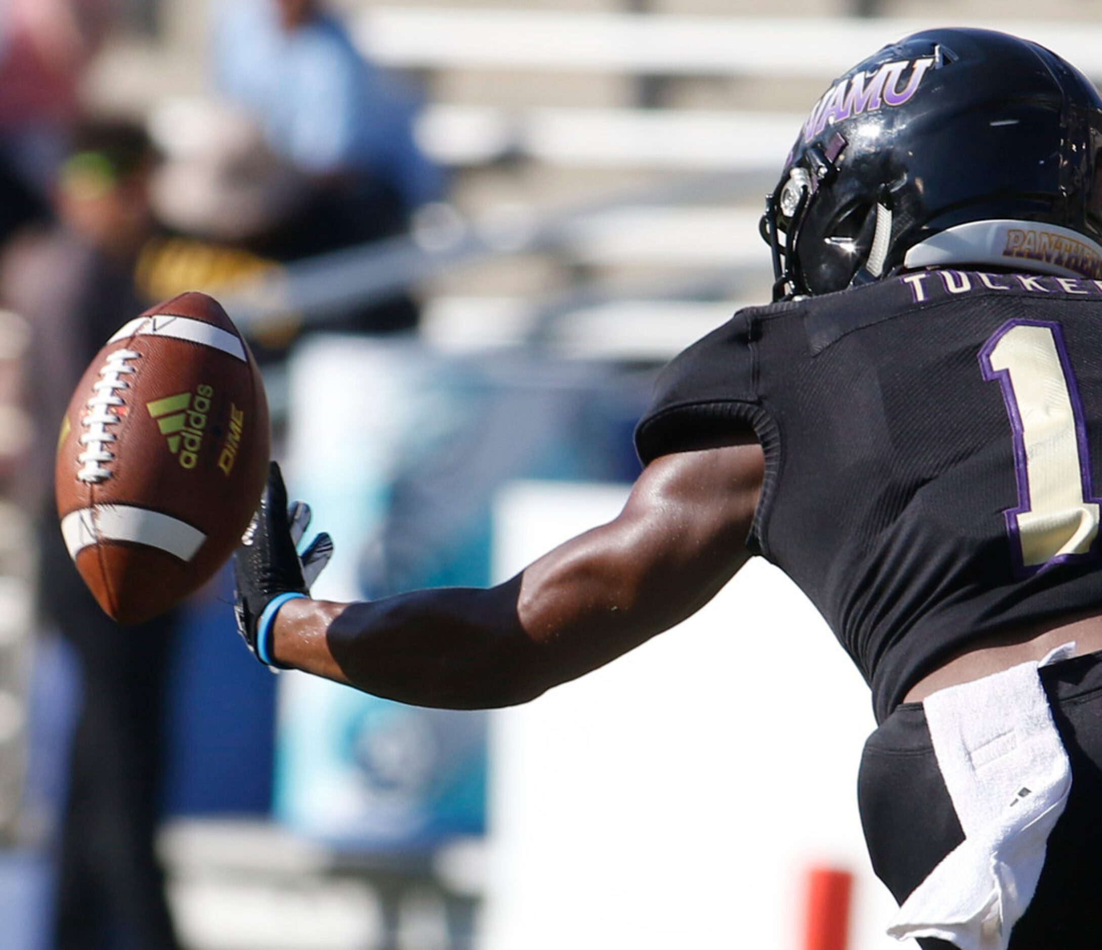 Prairie View running back Dawonya Tucker (1) is unable to find the handle of a pitch in the...