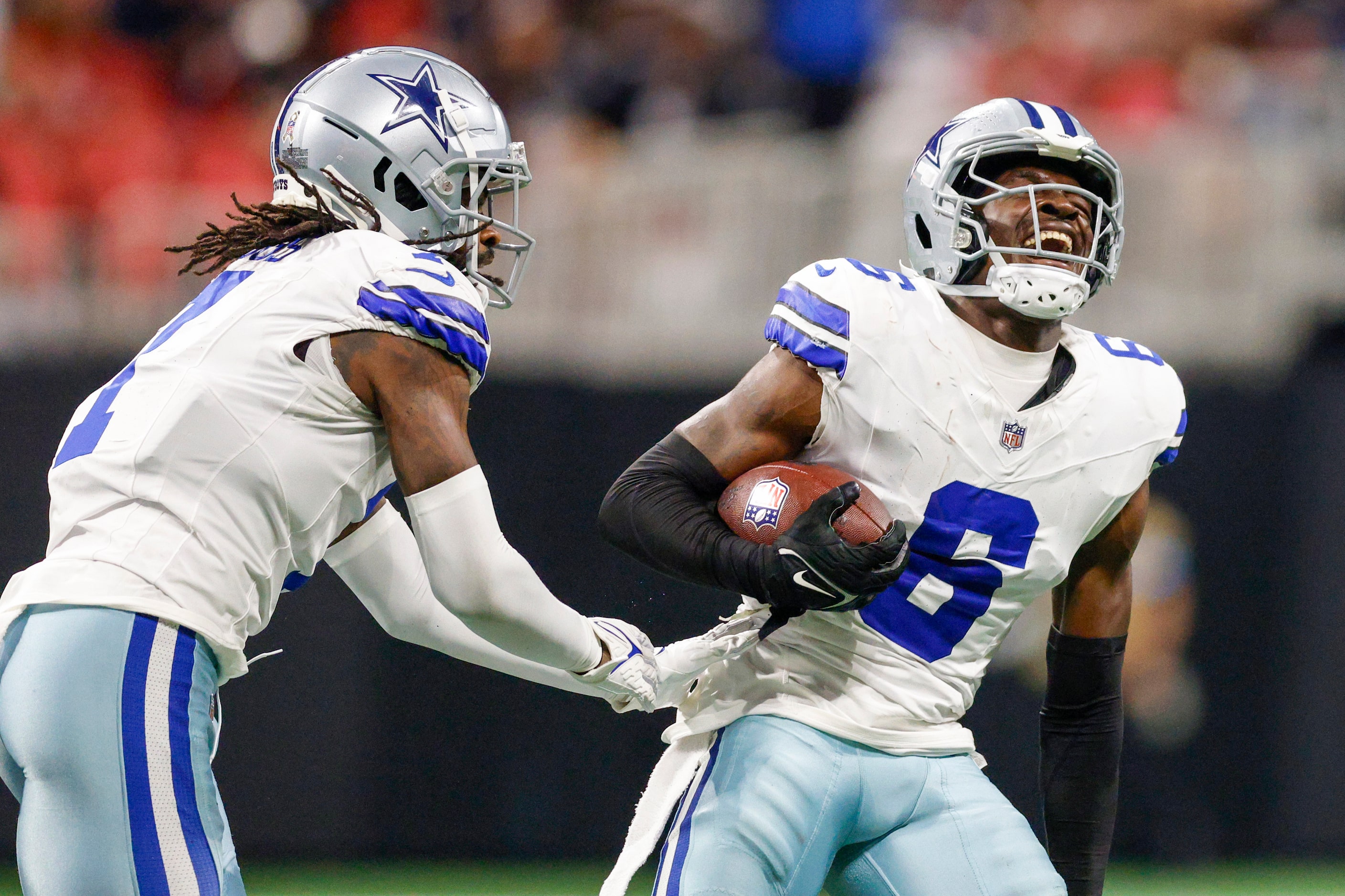 Dallas Cowboys safety Donovan Wilson (6) celebrates after recovering a fumble with...