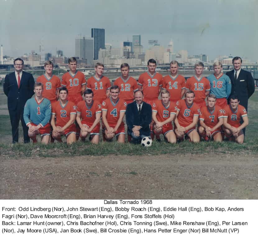 The Dallas Tornado 1968 road team poses with the downtown Dallas skyline as a backdrop....