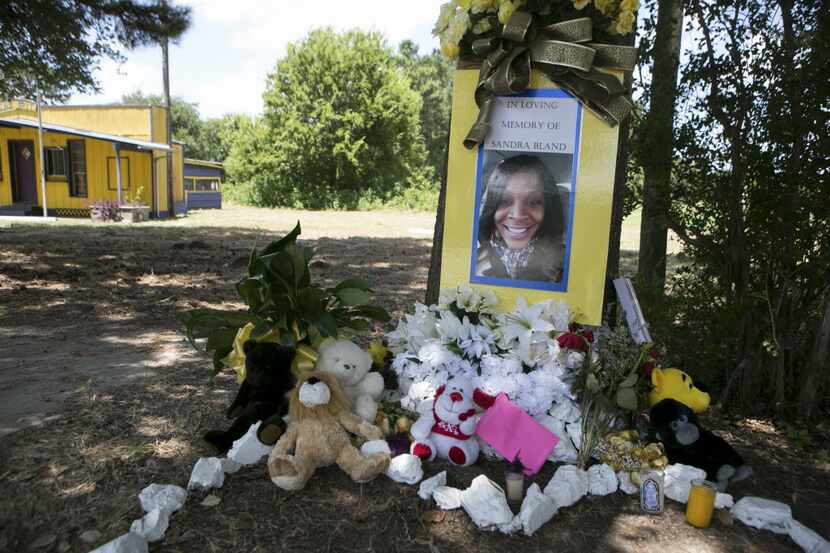 A memorial for Sandra Bland was placed near the site where she was arrested in Prairie View...
