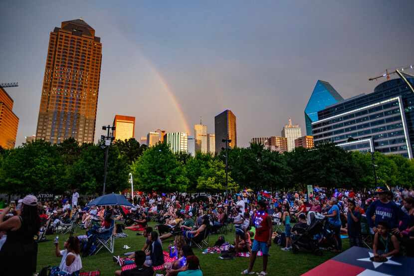 A rainbow appears over downtown Dallas after rain showers passed through during Klyde Warren...