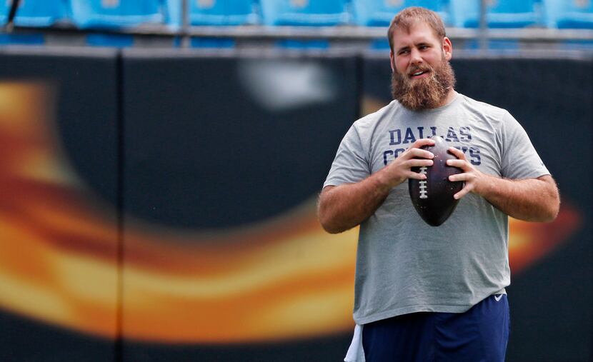 Injured Dallas Cowboys center Travis Frederick is pictured before the Dallas Cowboys vs. the...