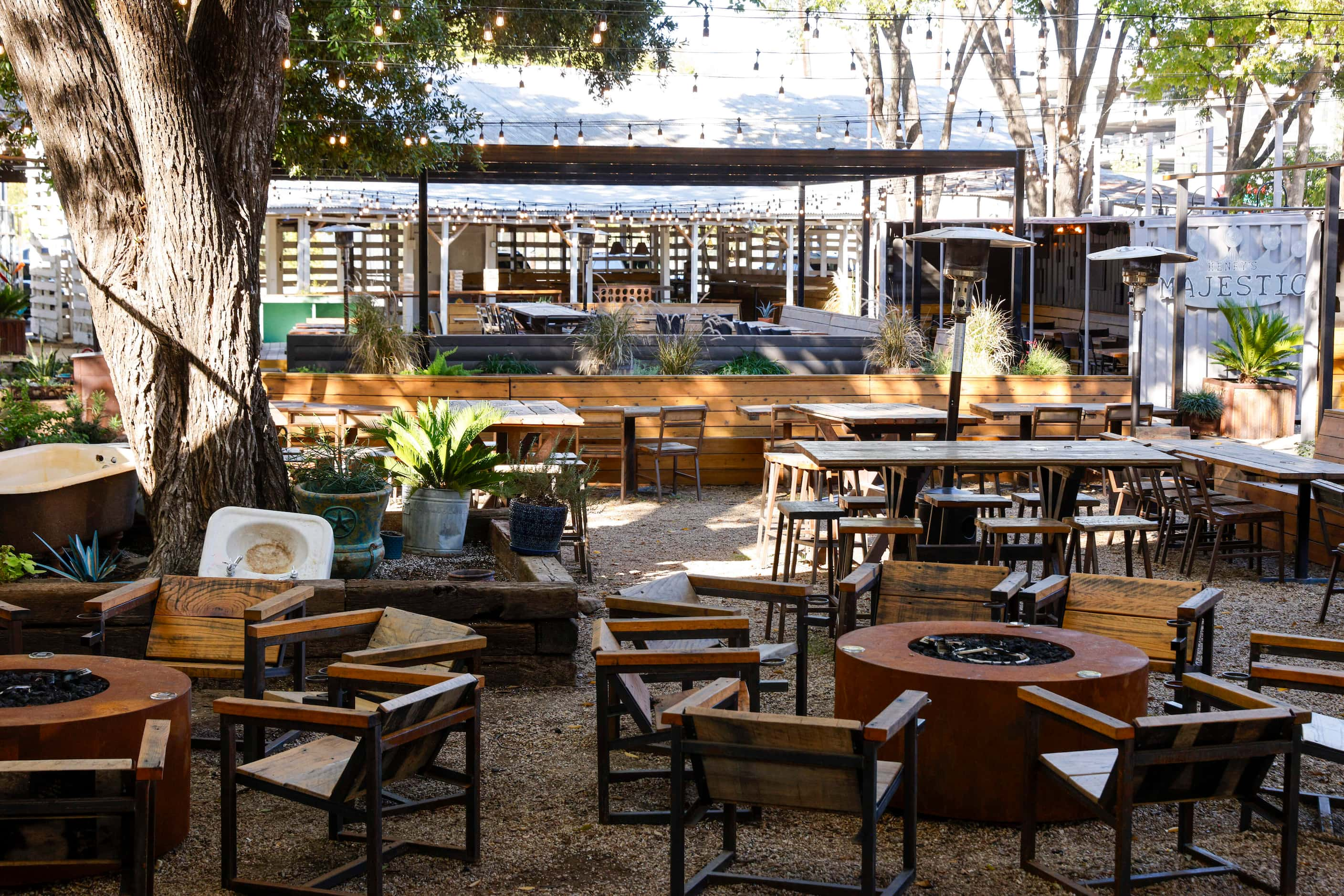 The outdoor dining area at Henrys Majestic, Monday, Nov. 6, 2023, in Dallas.