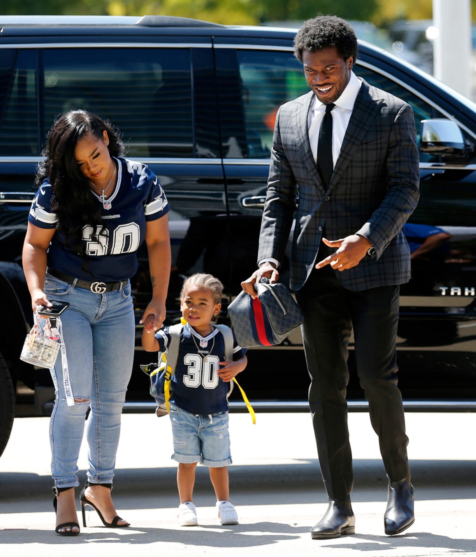 Dallas Cowboys cornerback Anthony Brown arrives with his family at AT&T Stadium in...