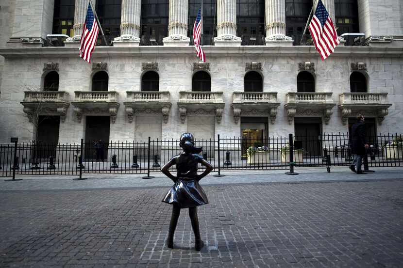 The "Fearless Girl" statue stands facing the New York Stock Exchange (NYSE) on Jan. 9, 2019...