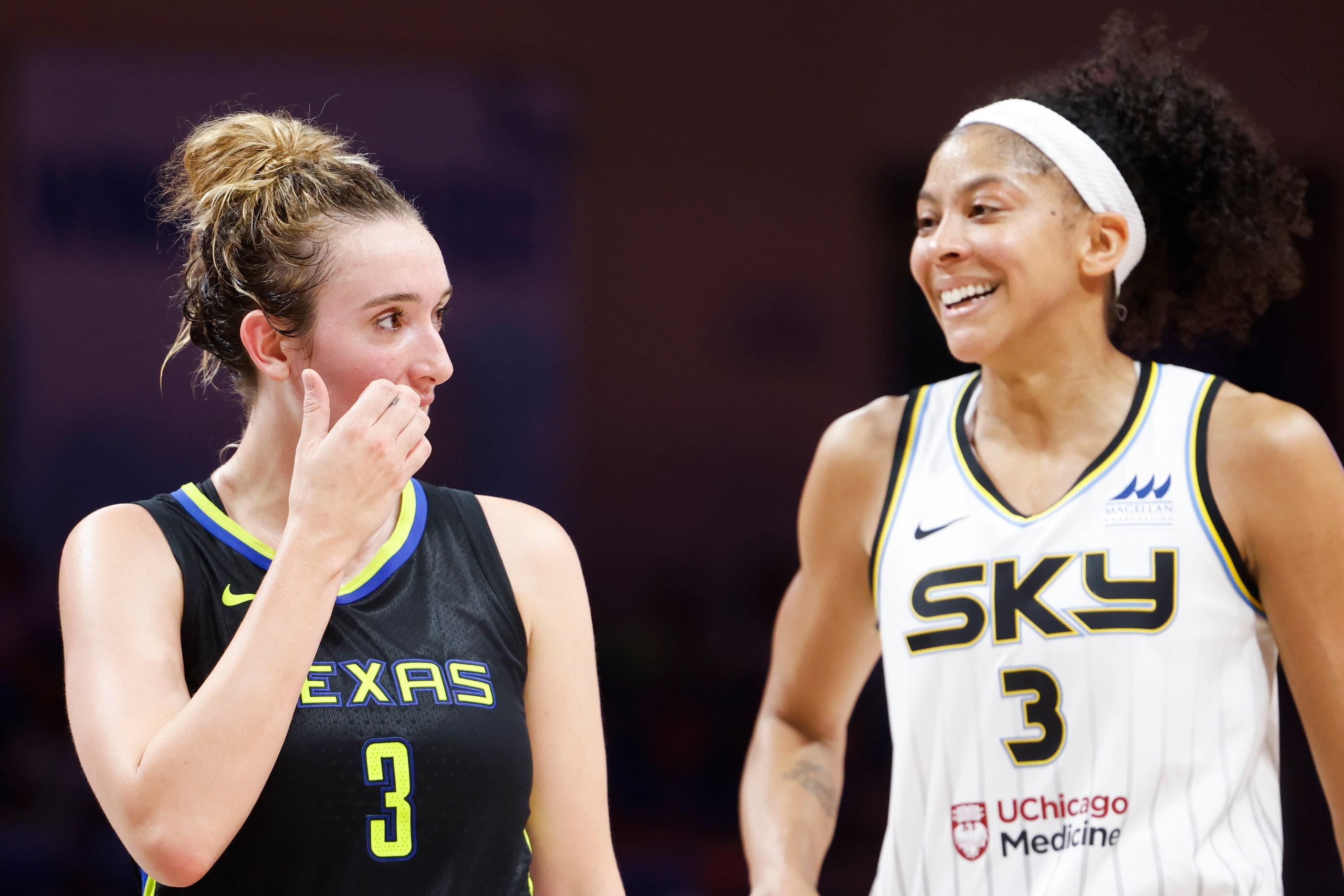 Chicago Sky forward Candace Parker, right, and Dallas Wings guard Marina Mabrey during the...