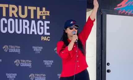 U.S. Rep. Mayra Flores speaks at a rally in Harlingen.