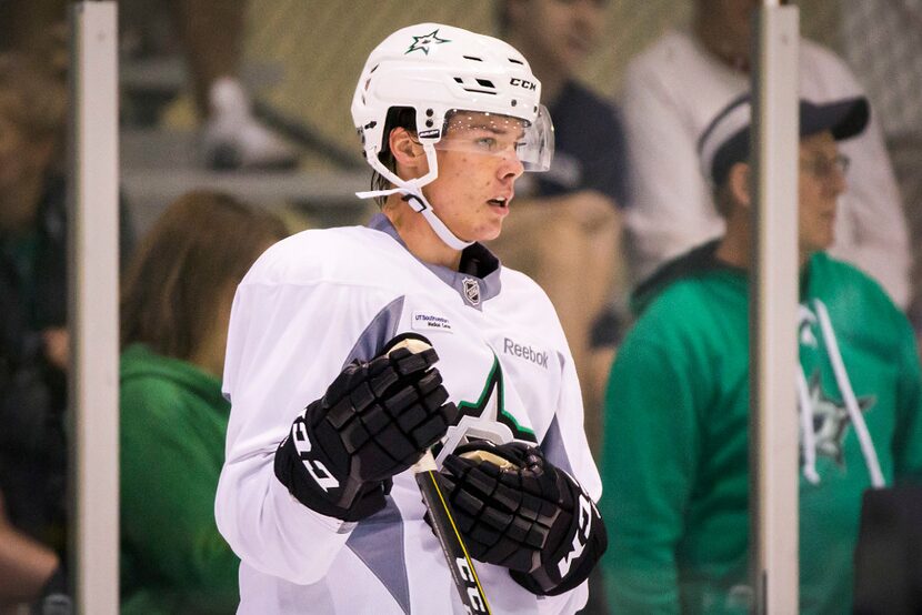 Defenseman Miro Heiskanen watches between drills on the first day of Dallas Stars...