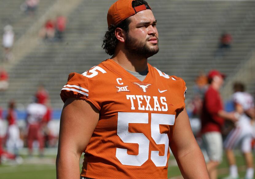 Injured Texas Longhorns offensive lineman Connor Williams (55) is pictured before the...