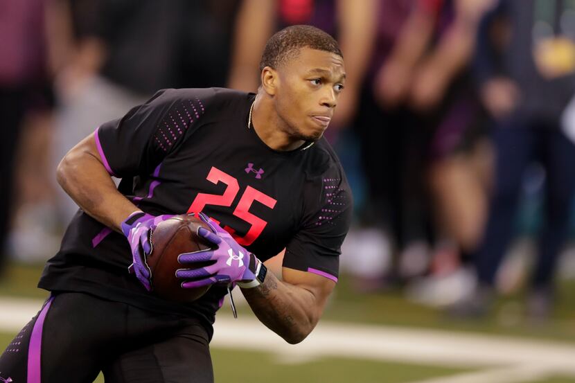 Maryland wide receiver DJ Moore runs a drill at the NFL scouting combine in Indianapolis on...
