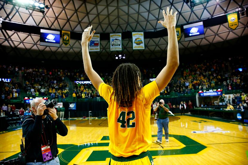 Baylor Bears center Brittney Griner (42) acknowledges the crowd after her three dunk...