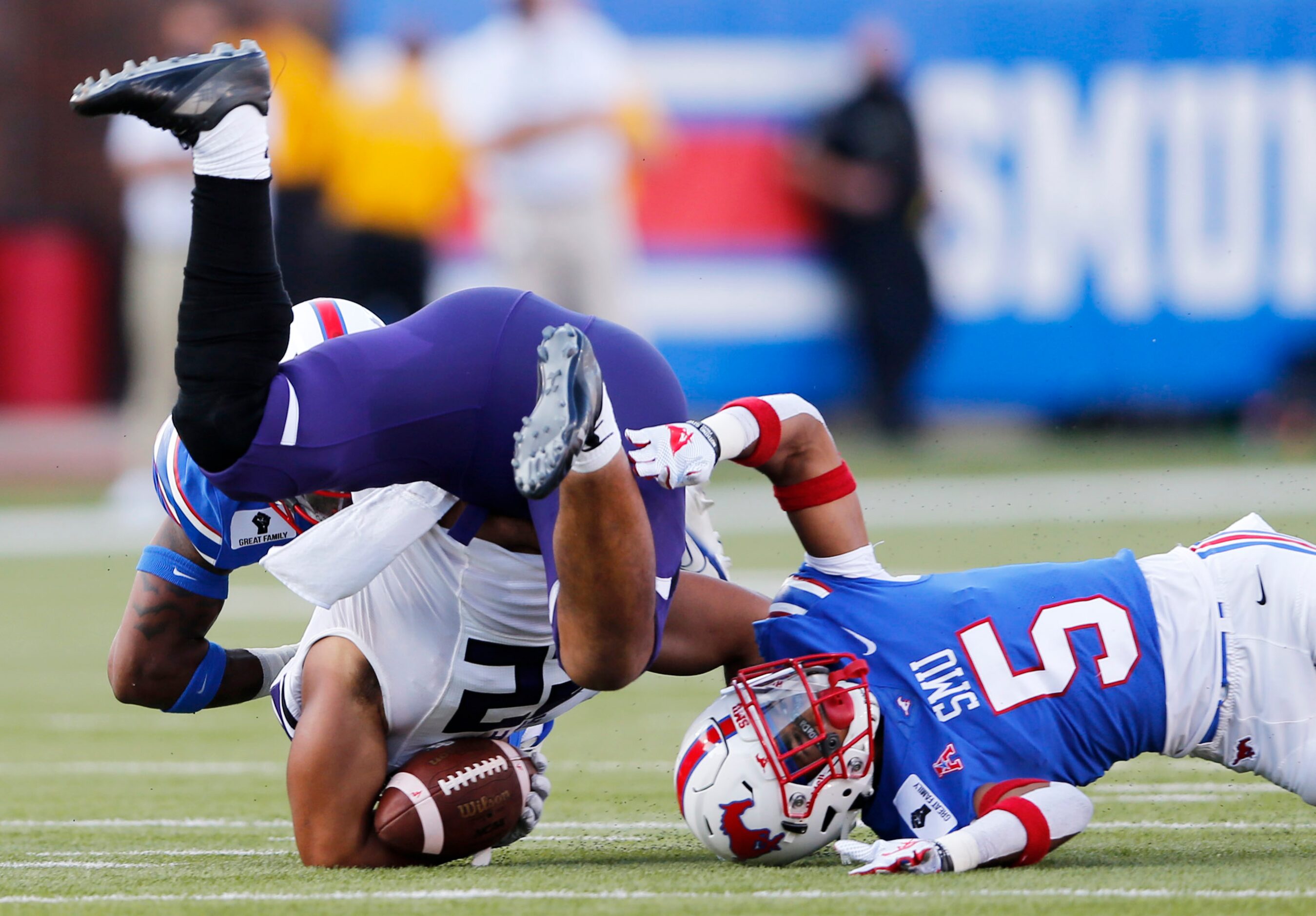 Southern Methodist Mustangs cornerback Ar'mani Johnson (5) and Southern Methodist Mustangs...