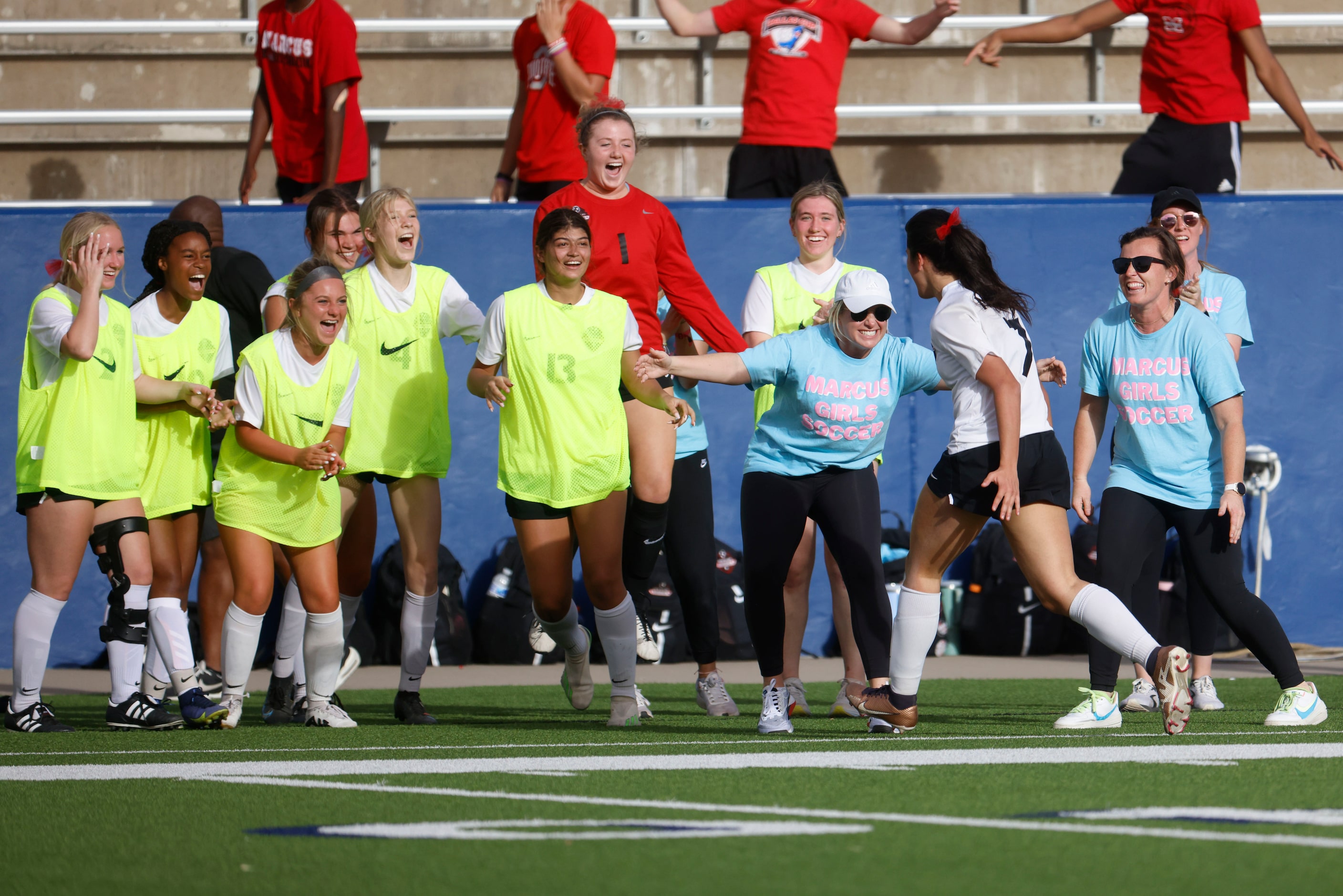 Marcus’ Bella Campos (7) celebrates after their first goal against Allen high during the...