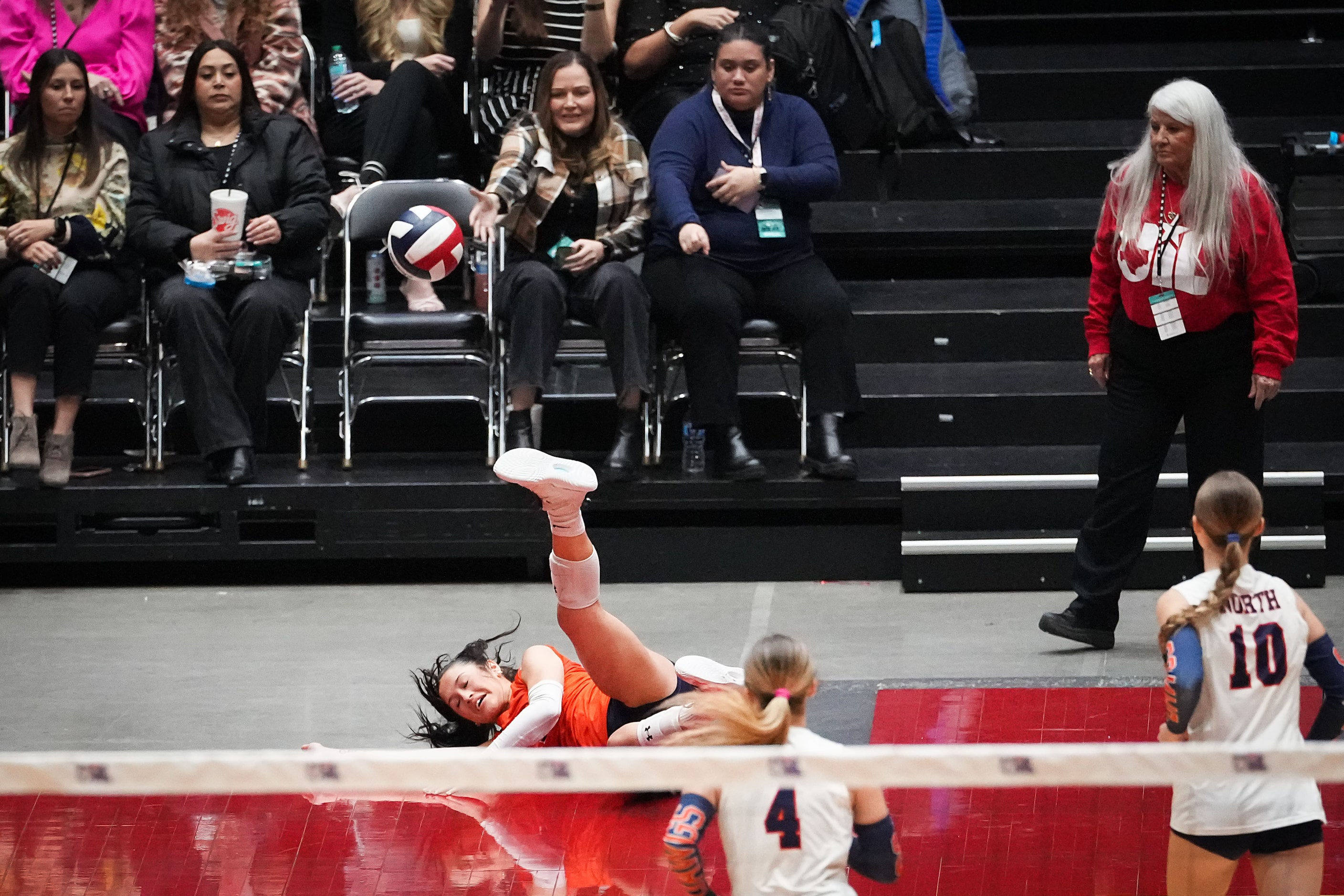 McKinney North's Gabi Rodriguez can’t make a diving play on set point of the second set of...