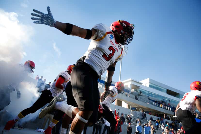 Ferris State Bulldogs Keyondre Craig (3) enters the field before the NCAA Division II...