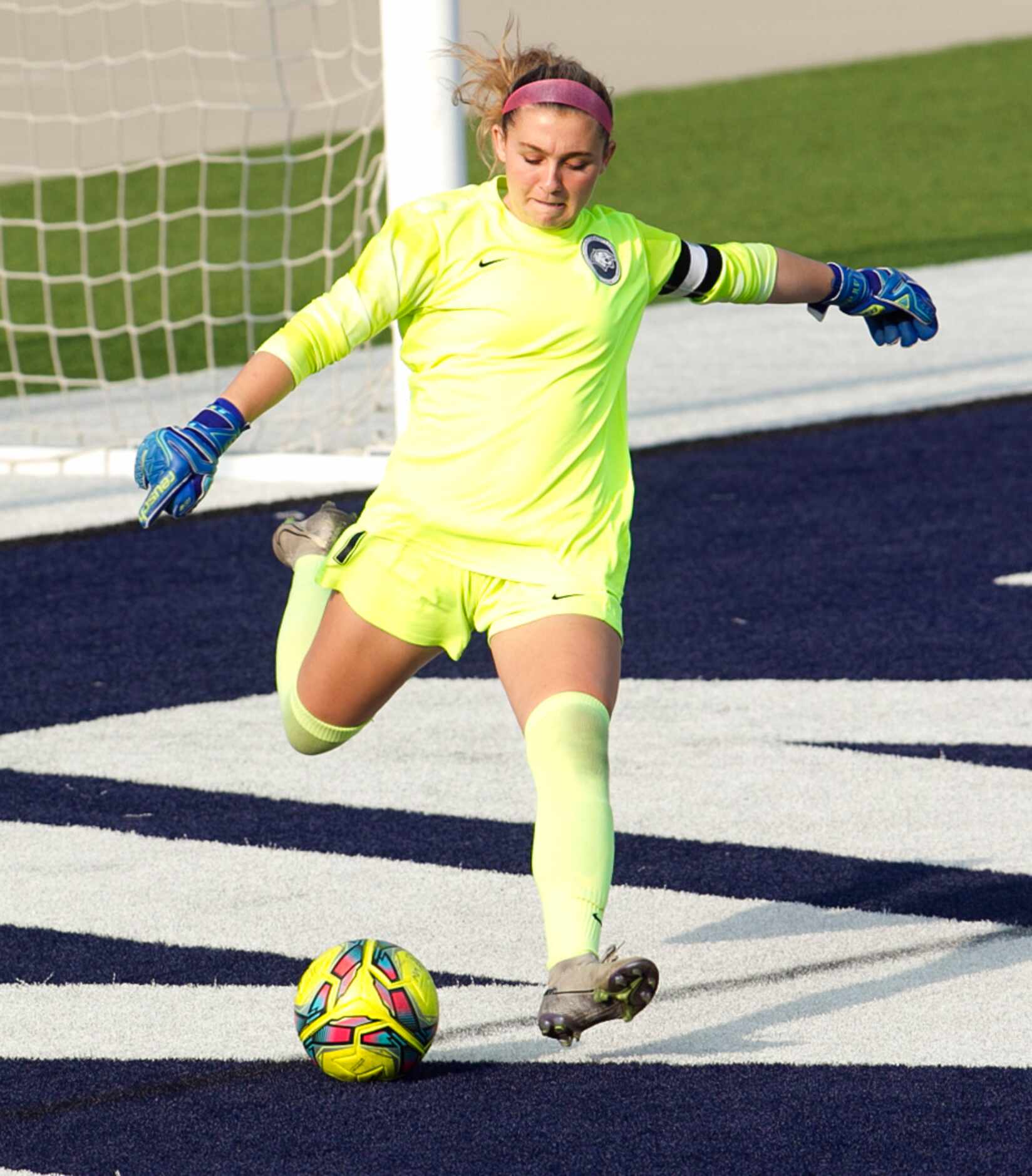 Flower Mound goal keeper Peyton Whipple (1) puts the ball back into play during the first...